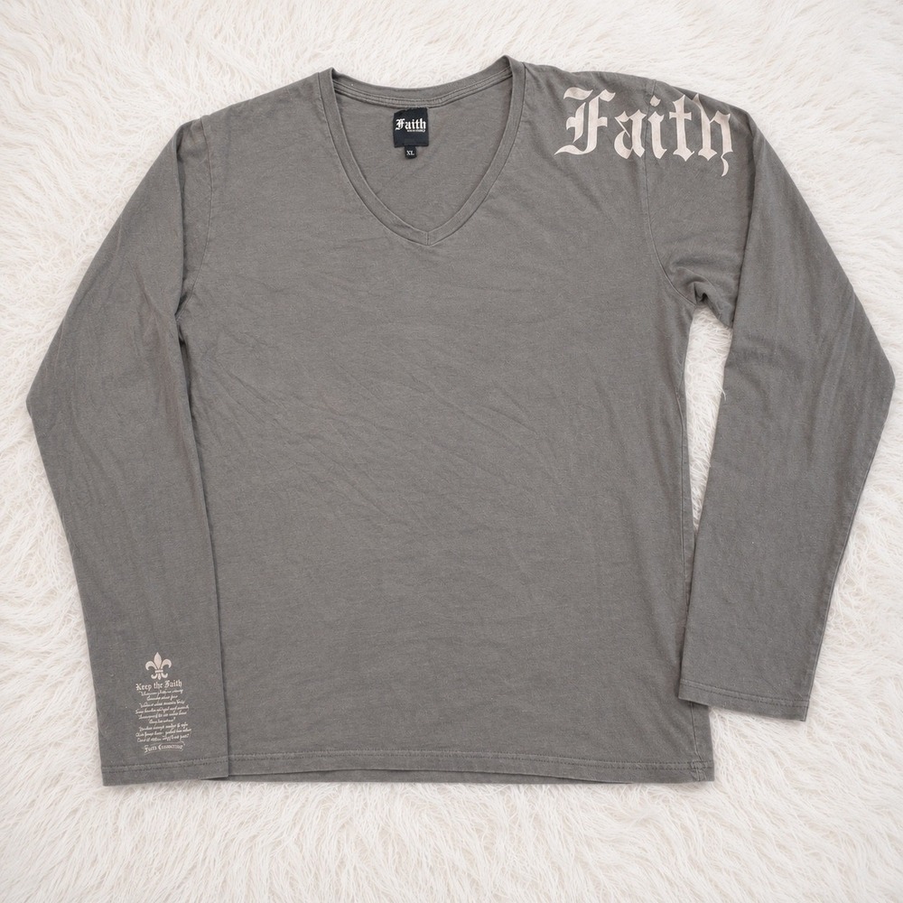 Faith Connexion Shirt Mens XL Gray Long Sleeve Gothic Graphic V Neck Cotton EU